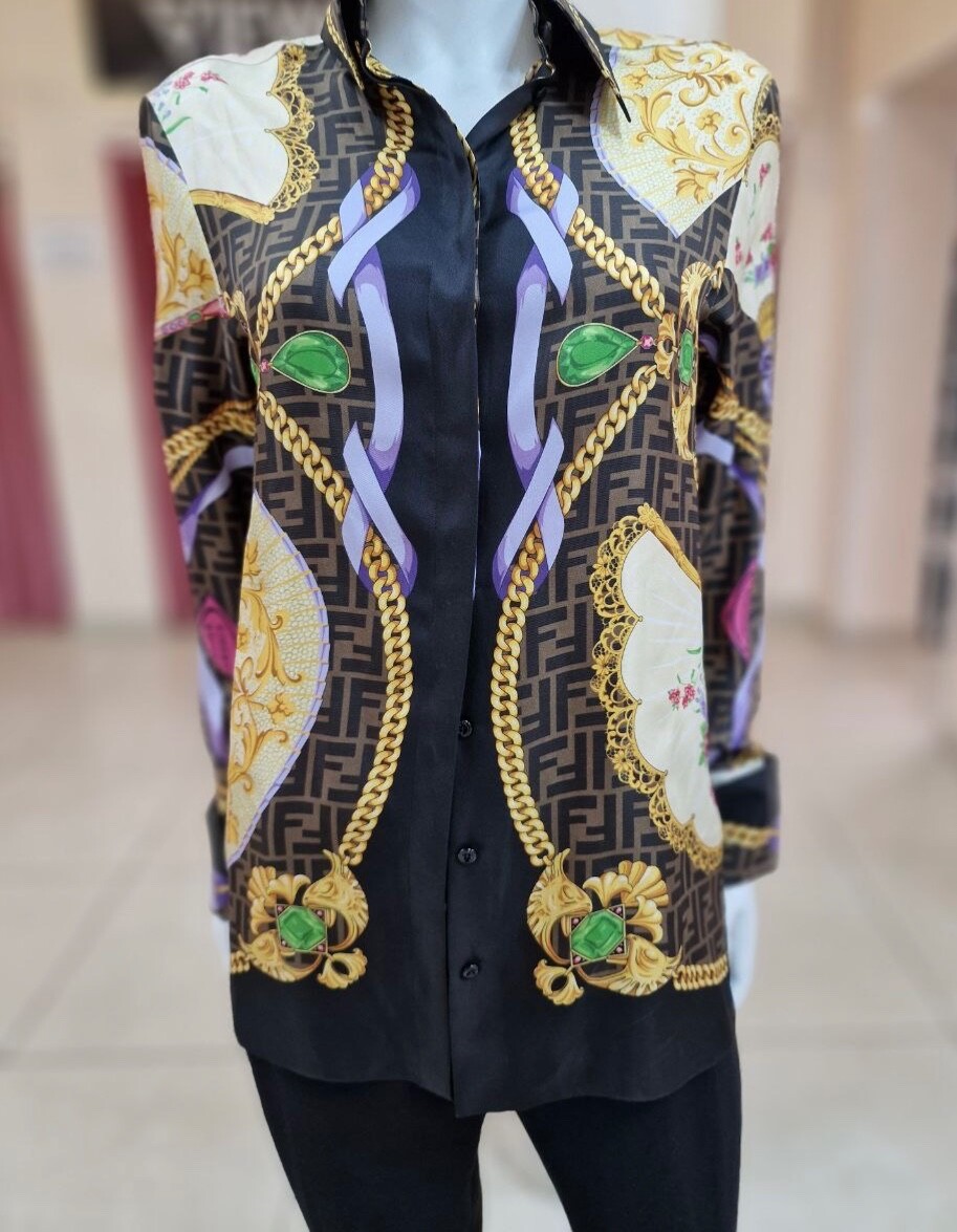 トップス FENDACE Fendace Fendi x Versace Brown/Multicolor Printed Silk Shirt