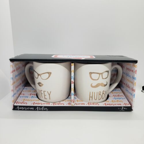 NIB Wifey Hubby Mug Set 15 fl oz Glasses Mustache White Gold Wedding Anniversary - Picture 2 of 9