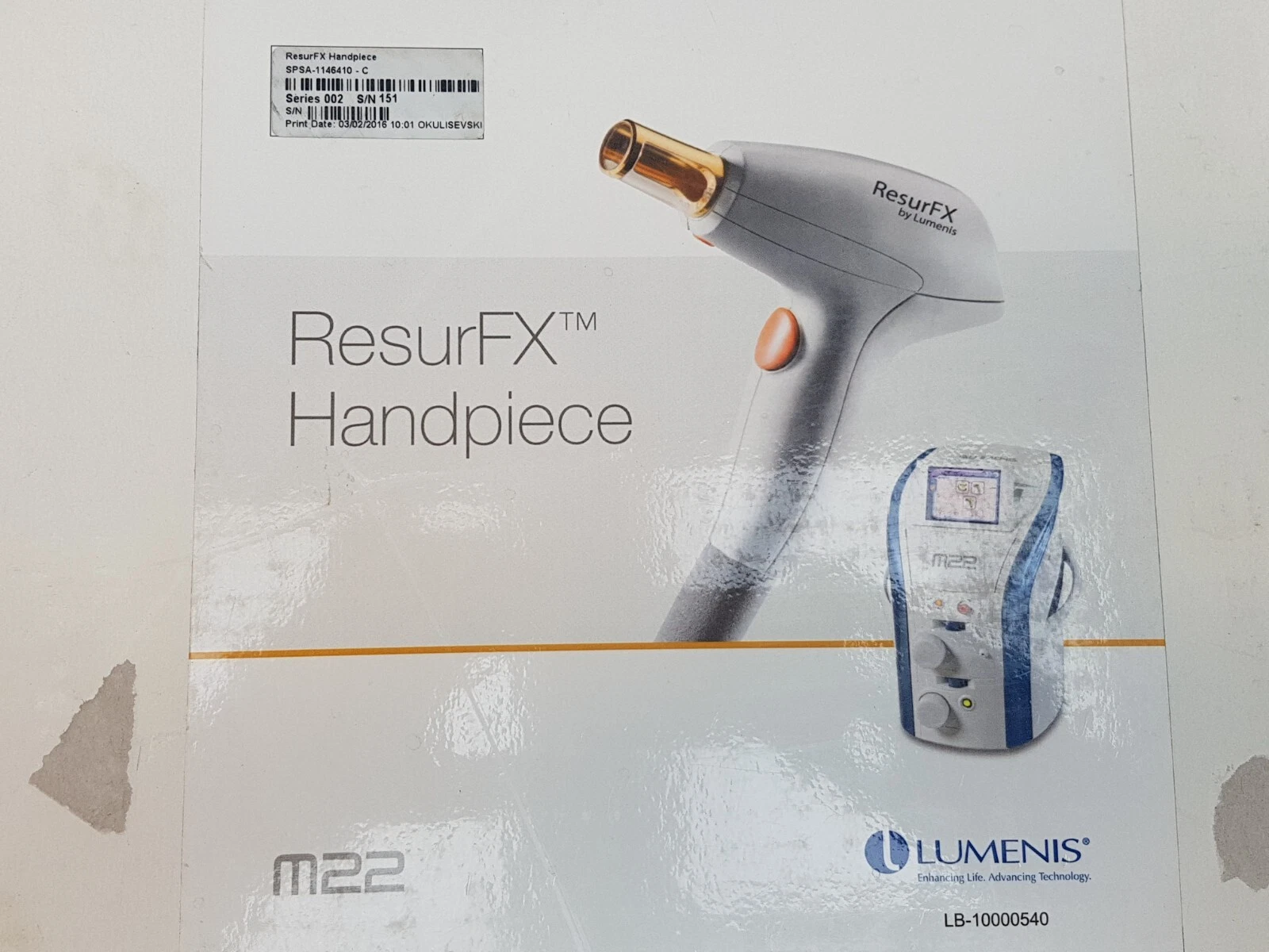 Lumenis ResurFX Handpiece box for the M22, label SPSA-1146410-C