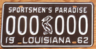 Item photo. Show Listing Details page. Listing 1962 Louisiana Sample License Plate Number Tag – Pelican