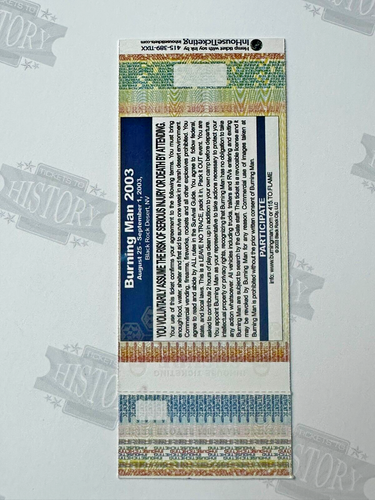2003 Buring Man Full Unused Ticket Beyond Belief - Black Rock City 8/25 - 9/1 - Imagen 2 de 2