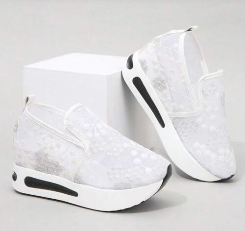 Women's Sneakers Floral Embroidery Mesh Sneakers Slip On Casual Comfy Heeled - Picture 17 of 53