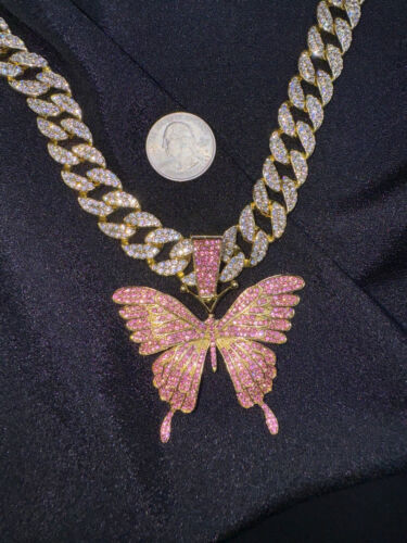 Mujeres Helado Bling Out Enchapado en Oro Mariposa Lujo Colgante, Cadena de Collar Miami - Imagen 14 de 18