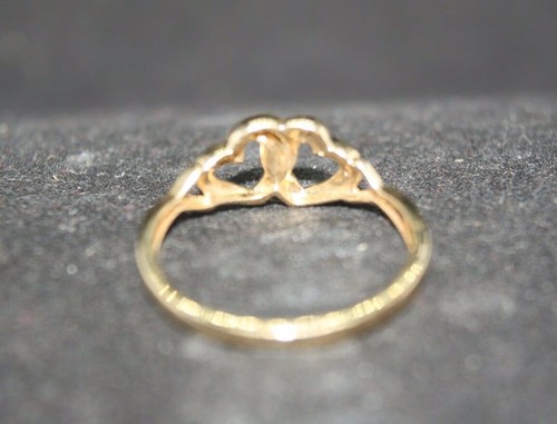 100% 9k Solid Yellow Gold Diamonds Two Love Hearts Signet Ring Sz 7.25 or O - Picture 5 of 10