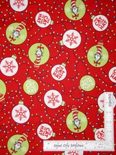 Christmas Dr Seuss Cat Hat Ornament Toss Red Cotton Fabric Kaufman By The Yard