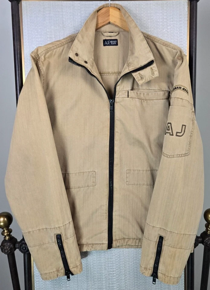 ARMANI JEANS Hombres Talla Grande Moto Camionero Chaqueta 100% Algodón Caqui Cremallera Completa Foto 2 de 4
