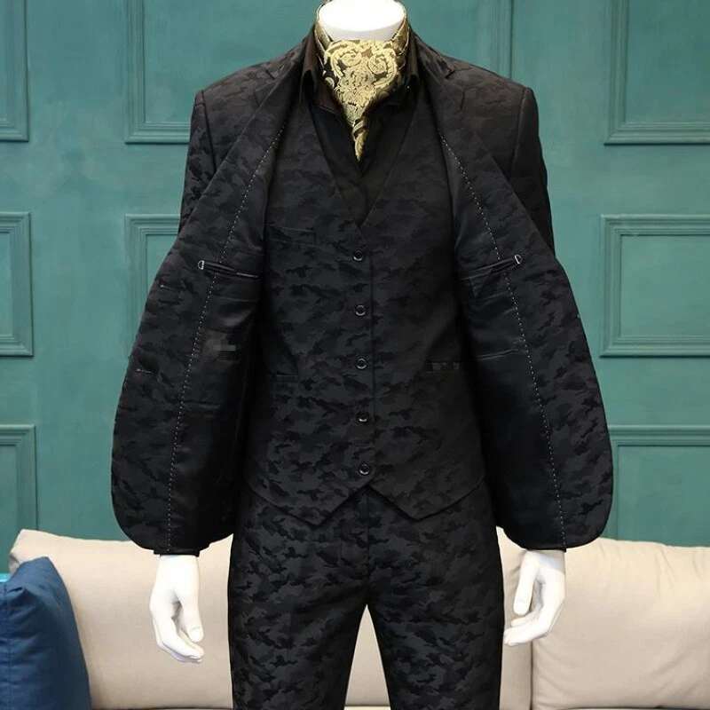 Esmoquin de fiesta formal ajustado de 3 piezas de camuflaje negro para hombre ajuste a medida Foto 3 de 4
