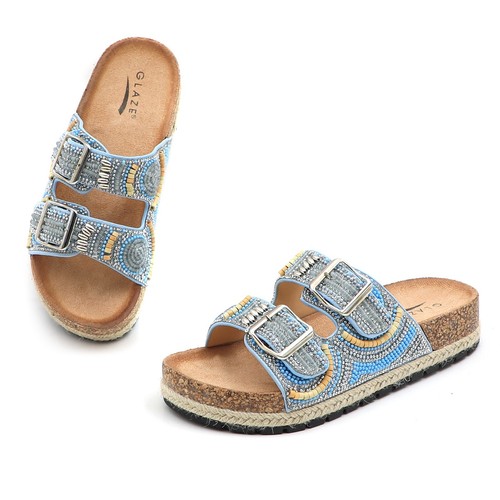 Glaze Women's Beaded Rhinestone Sandal Buckle Cork Footbed Slides Bohemian Style - Picture 21 of 31