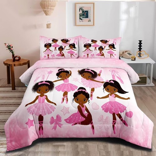 Girls Pink Ballerina Comforter Set Twin,African American Black Girl Bedding S...