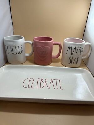 RAE DUNN Ceramic Mug & Tray Set - Teacher, Mama Bear, Cutie, Celebrate