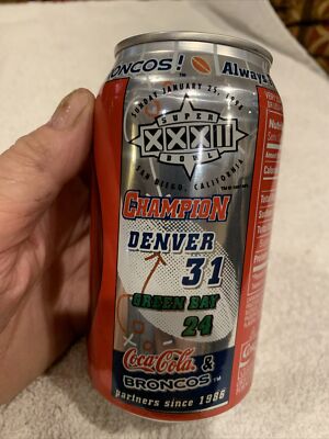 Super Bowl XXXII COCA COLA CAN Dated January 25, 1998 Denver 31 Green Bay 24