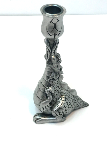 Fire Breathing Dragon Silver Tone Candlestick Holder Single Decorative - Picture 8 of 15