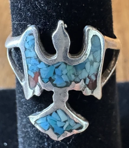 Vintage Sterling Silver Peyote Bird Ring Crushed Turquoise Coral Inlay Size 5.5