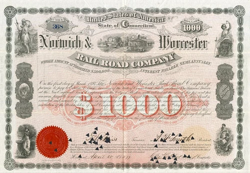 1877 Norwich & Worcester RR Bond Certificate