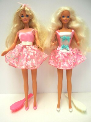 Barbie Dolls with Matching Party Dresses and Hair Brushes, Bracelets 