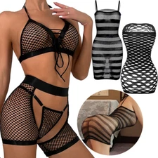 Women Sexy Lingerie Fishnet Body Stockings Babydoll Bodysuit Outfit Dress BraSet
