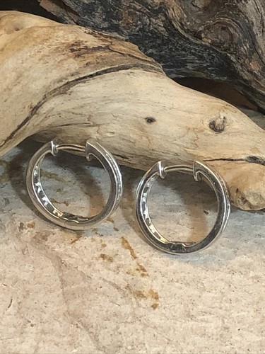 Vintage 10K White Gold Lab Created Diamond Hoop Huggie Earrings 5/8", 2.7g - Picture 8 of 15