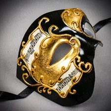 Venetian Men Masquerade Ball Phantom Party Eye Mask w/ Black GOLD Musical Motifs