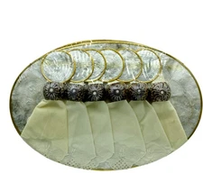 Capiz Shell Placemats Oval Set 6 Gold Trim W Napkin Rings & Cloth Napkins 16"