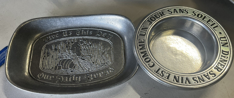 Vintage Pewter Bread Tray Platter "Give Us This Day Our Daily Bread" & Bowl