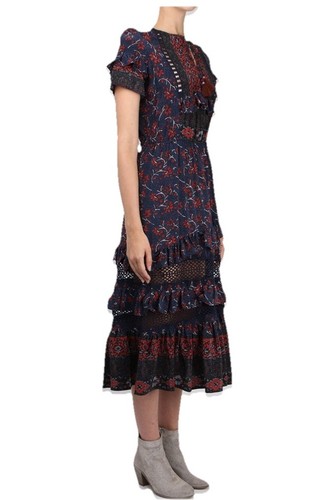 Sea NY TUCKERNUCK Navy Blue Red Floral Ruffle Tiered Midi Silk Dress Sz 4 Boho - Picture 2 of 20