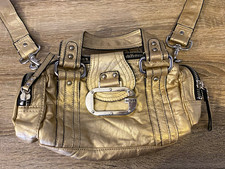 GUESS Metallic Gold Leather Shoulder Bag Detachable Strap Zip Logo Studded