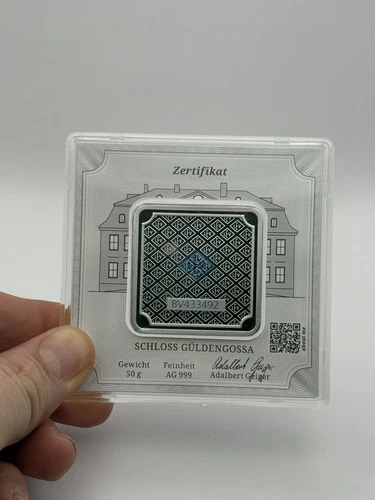 50 Gram Geiger “Premium” Silver Bar In Assay .999 Fine Signed By Adalbert Geiger