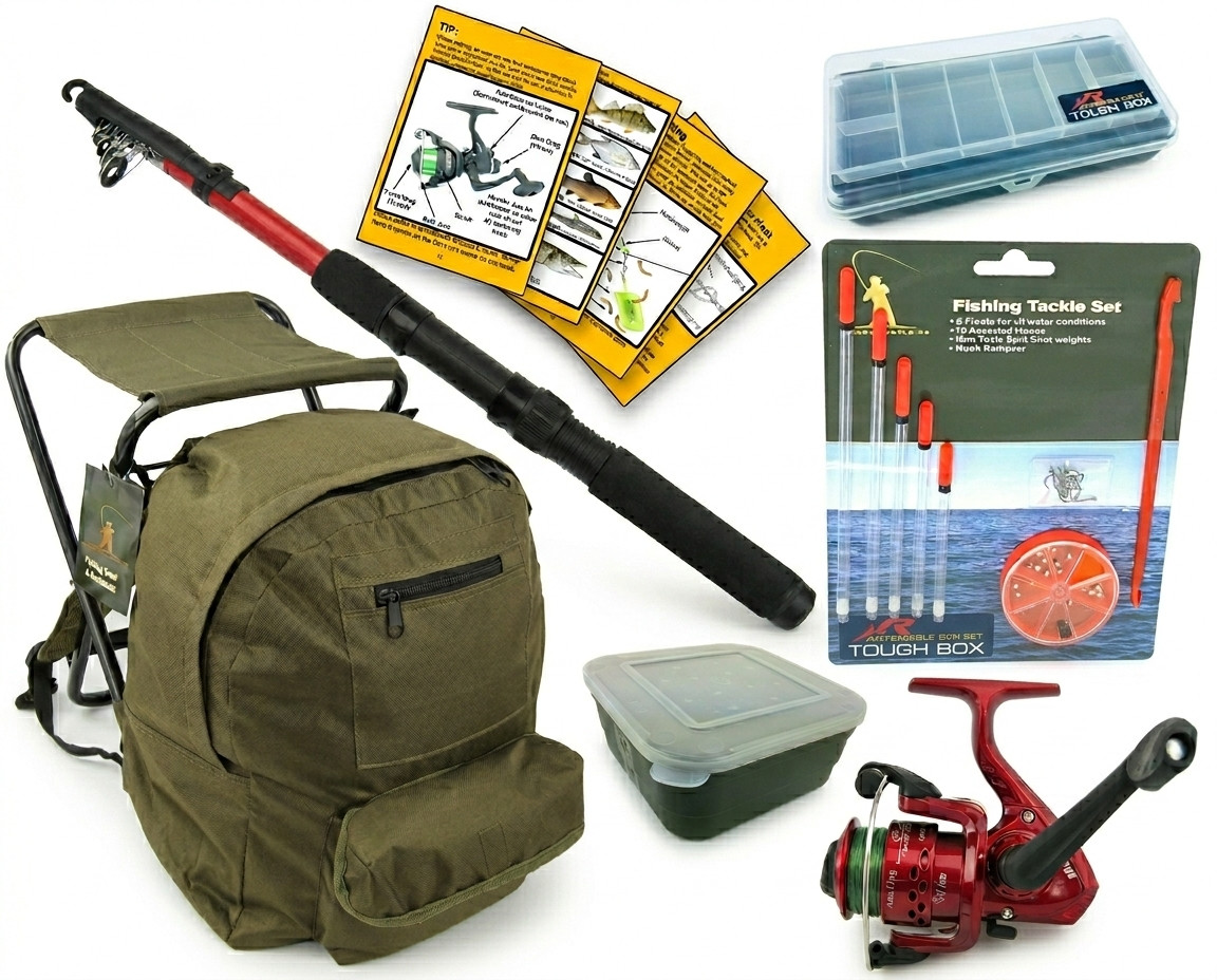 Complete Beginner Fishing Kit - Telescopic Rod, Reel, Stool, Tackle & Backpack