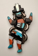 Mid Century Native Zuni Inlay Sterling Silver Rainbow Man Pin Leo Poblano d.