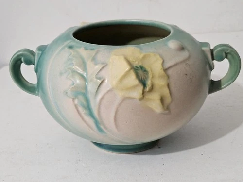 Roseville Yellow Poppy Cyan 1938 Vint. Art Deco Pottery Ceramic Bowl Vase 334-4
