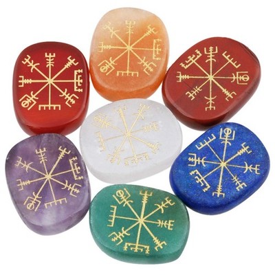 7 Chakra Engraved Vegvisir Symbols Stone Set, Flat Oval Worry Palm Pocket Sto...