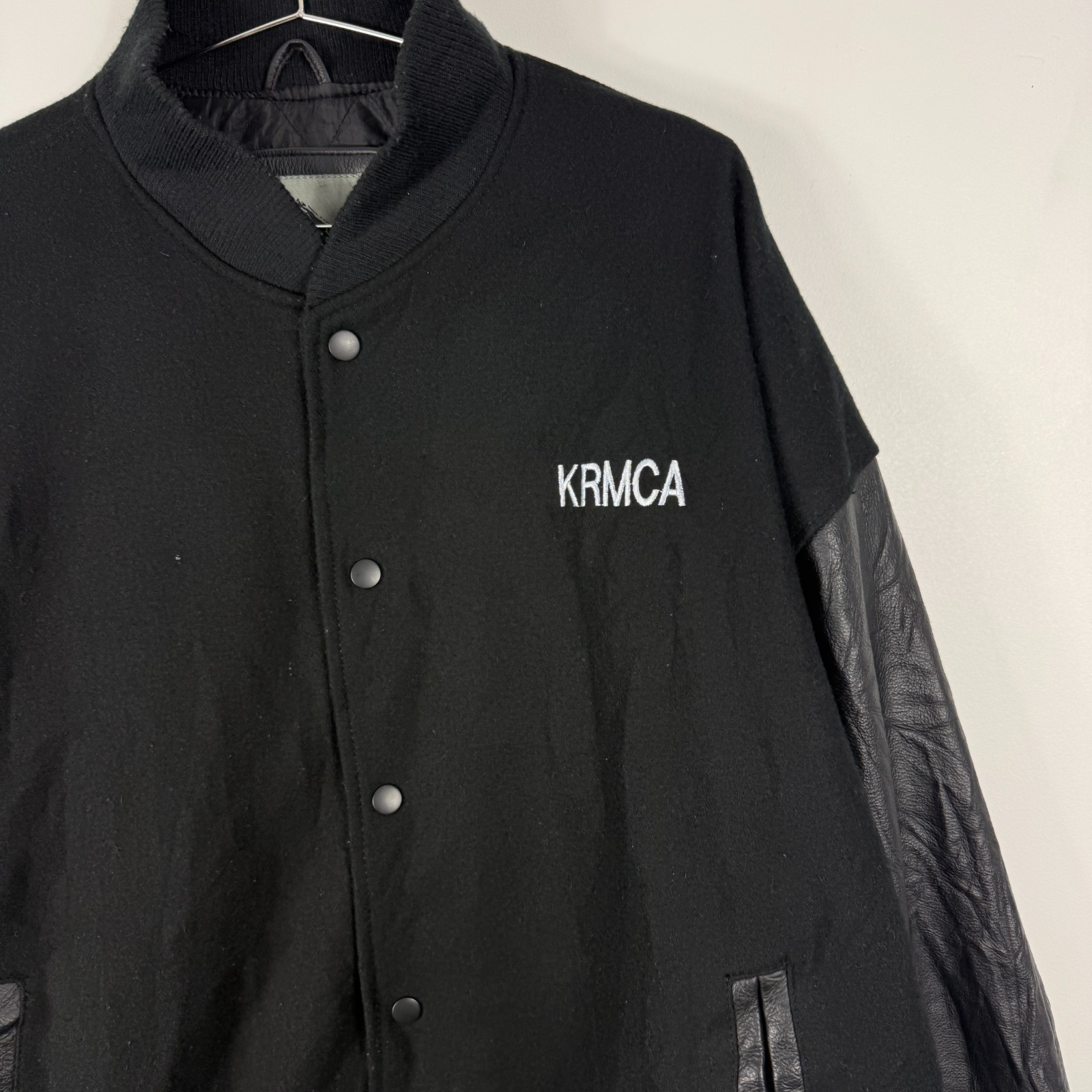 Vintage Burk's Bay KRMCA Black Leather Sleeve Size XL Wool Varsity Bomber Jacket image 10