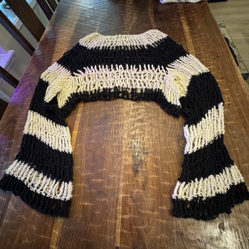 Black and white striped crocheted Open Knit Bolaro Top Shrug - Picture 2 of 11