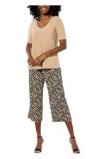 Nina Leonard 2-piece Embellished Tunic Printed Culotte Pant Set Tan