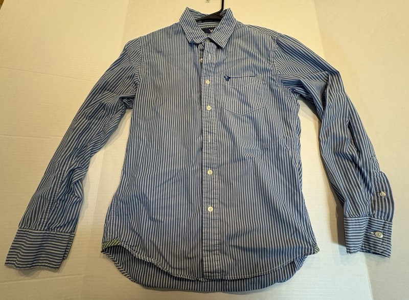 Mens Small Blue White Striped American Eagle Button Down Long Sleeve Shirt