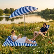 Garden Parasol Umbrella & Wooden Deck Folding Chair Lounger Sunbed Picnic Mat