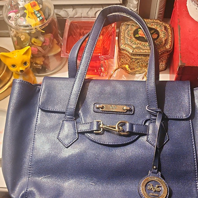 Versace 19.69 Blue Satchel Top Handle Zip/Magnetic, Charm, Pockets, Gold