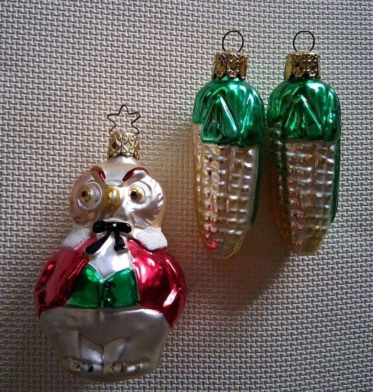 Germany Glass Anthropomorphic Owl Ornament & 2 Glass Ears Of Corn Ornament s