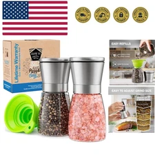 Stainless Steel Sea Salt and Pepper Grinder Set of 2 - Adjustable Ceramic - G...