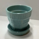 Mid Century McCoy Pottery Basket Weave Aqua Flower Pot USA Planter Saucer 3.25"