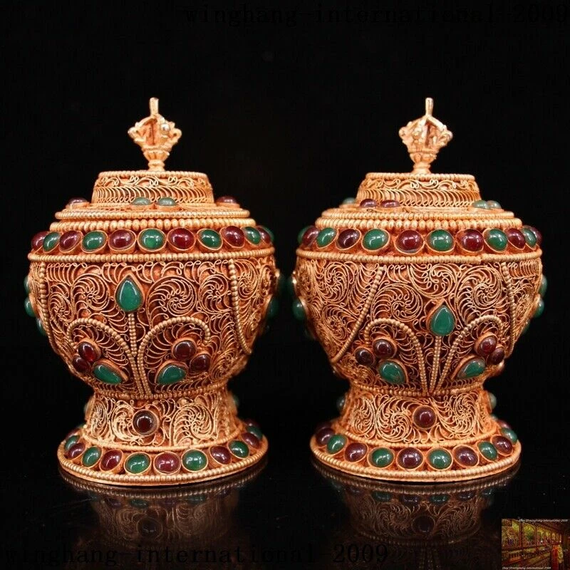 4"Old Tibet Buddhism silver Gilt Inlay gem Buddha's Relics Shariputra box Boxes - Image 2 of 4