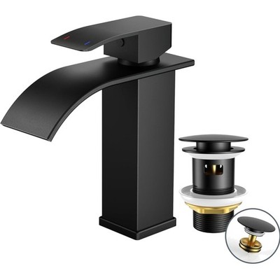 Moderner Wasserhahn Schwarz mit Wasserfall-Auslauf, Einhandmischer für Waschb...