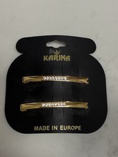 Vintage Karina Made in France Gold Tone Rhinestone Barrette Hair Clips 2 Pc