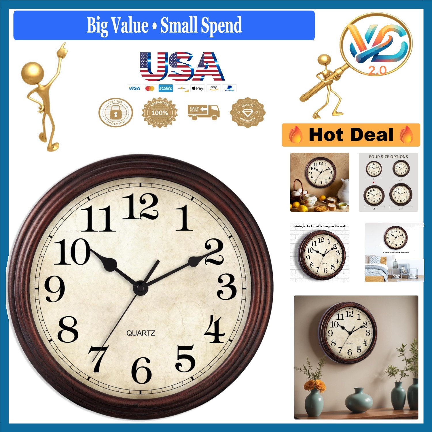 Bronze 9 Inch Silent Wall Clock Non-Ticking Battery Operated Decor