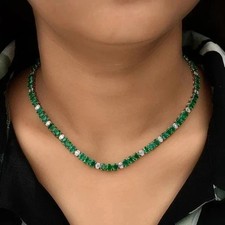 22Ct Oval Cut Lab Created Emerald Tennis Necklace In 14K White Gold Plated 18"