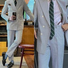 Summer Men Suits 2Pcs Seersucker Double Breasted Peak Lapel Blazer Cuffed Pants