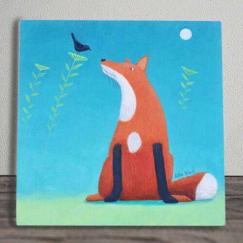 Fox & Bird Ceramic Tile Picture Plaque Sign Art Foxes Friends Alisa Black 20x20 - Picture 1 of 5
