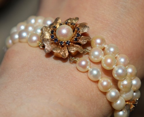 14K SOLID YELLOW GOLD 37GRAMS ~7" PEARL Blue SAPPHIRE BRACELET 3-D FLOWER CLASP - Picture 5 of 14