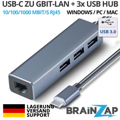 USB-C Typ-C Hub 3 Ports + 10/100/1000 Mbps Gigabit Ethernet LAN Adapter Extern