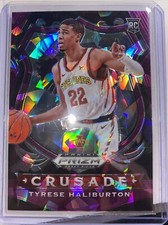 Tyrese Haliburton Rookie Card. Prizm Cruzade Cracked Ice Purple 128/149 Kings